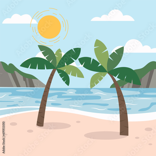 Tropical landscape of coast beautiful sea shore beach and palm trees on good sunny day. Vector illustration in flat style for poster, party holiday invitation, festive banner, card.