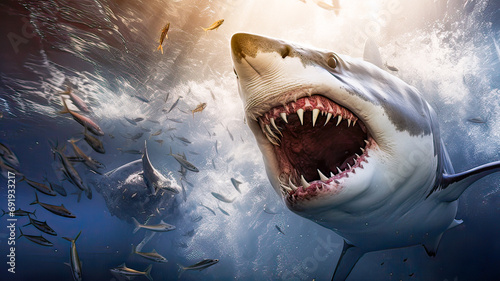 White shark, teeth visible, ocean depths. © Rafael Alejandro