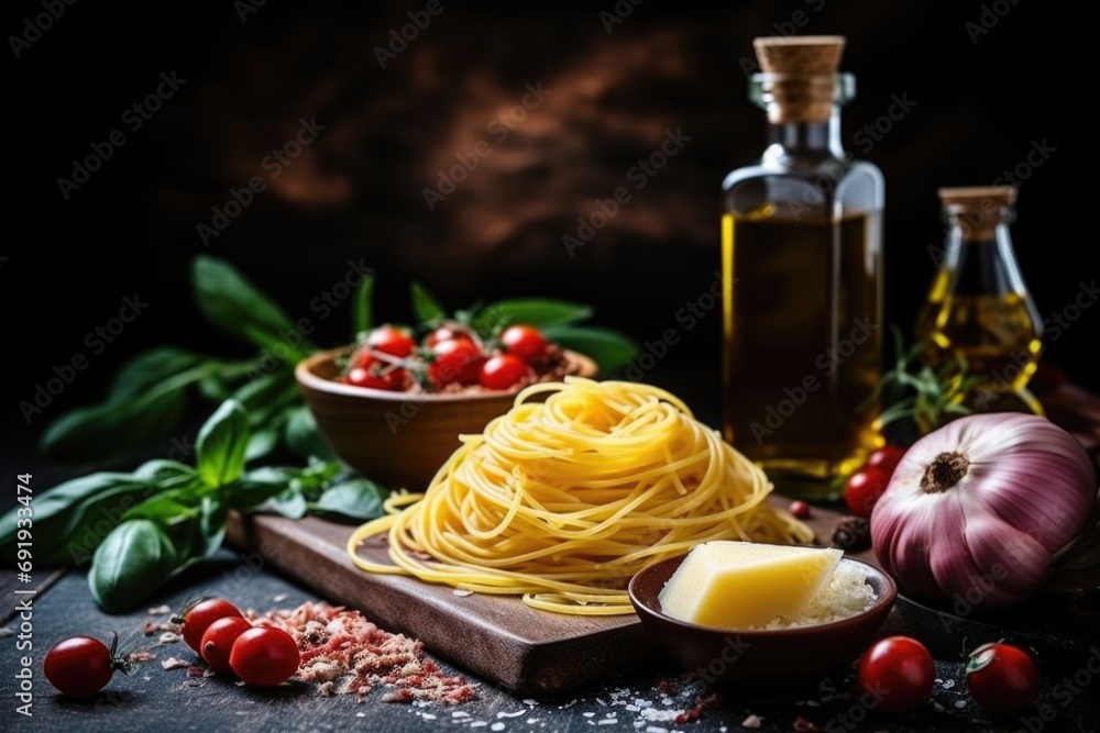 Ingredients for crafting carbonara pasta on a dark backdrop