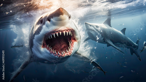 Fierce shark  open jaws  carnivorous predator.