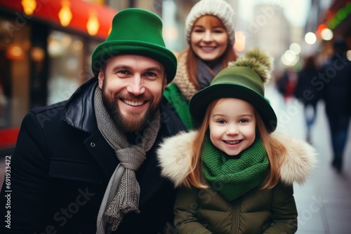 Smiling parents and their daughter, all in festive St. Patrick's outfits, shopping for holiday bargains at a mall © Konstiantyn Zapylaie