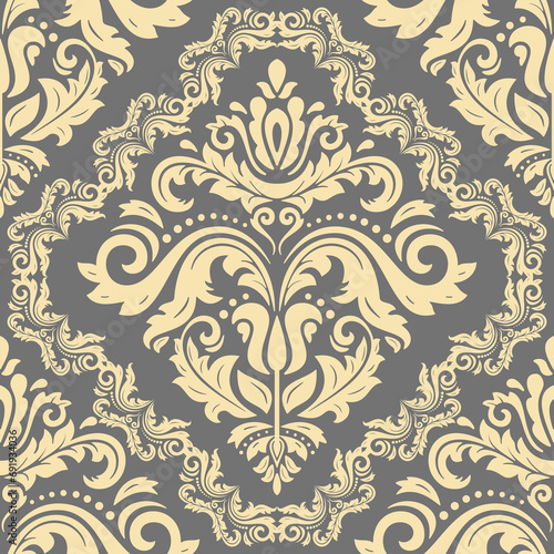 Classic seamless pattern. Damask orient ornament. Gray and golden vintage background. Orient pattern for fabric, wallpapers and packaging