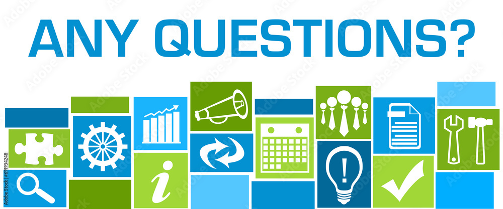 Any Questions Green Blue Business Symbols Grid Bottom Text Any Questions Green Blue Business Symbols Grid Bottom Text