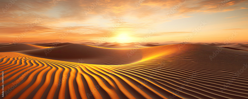 Golden sand ripples at sunset. The sun sets behind the sandy mountains in the form of strips, creating an atmosphere of peace, background with copy space