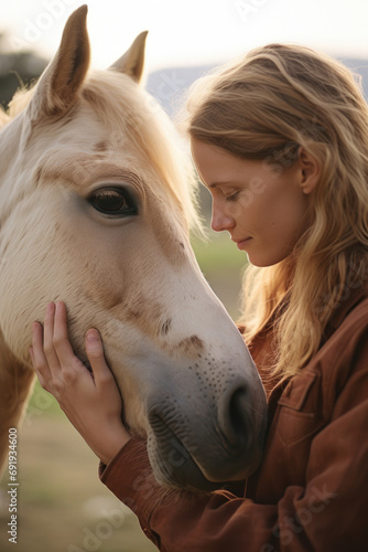 Close up photo of a girl touching a horse in an open field. The horse, an emotional support animal, stands calmly, enjoying the care, background with copy space