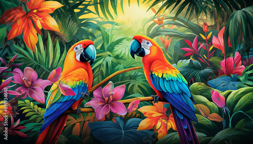 Illustrate a vibrant and exotic scene with colorful birds like toucans, parrots, and peacocks in a lush tropical setting © shahzaib