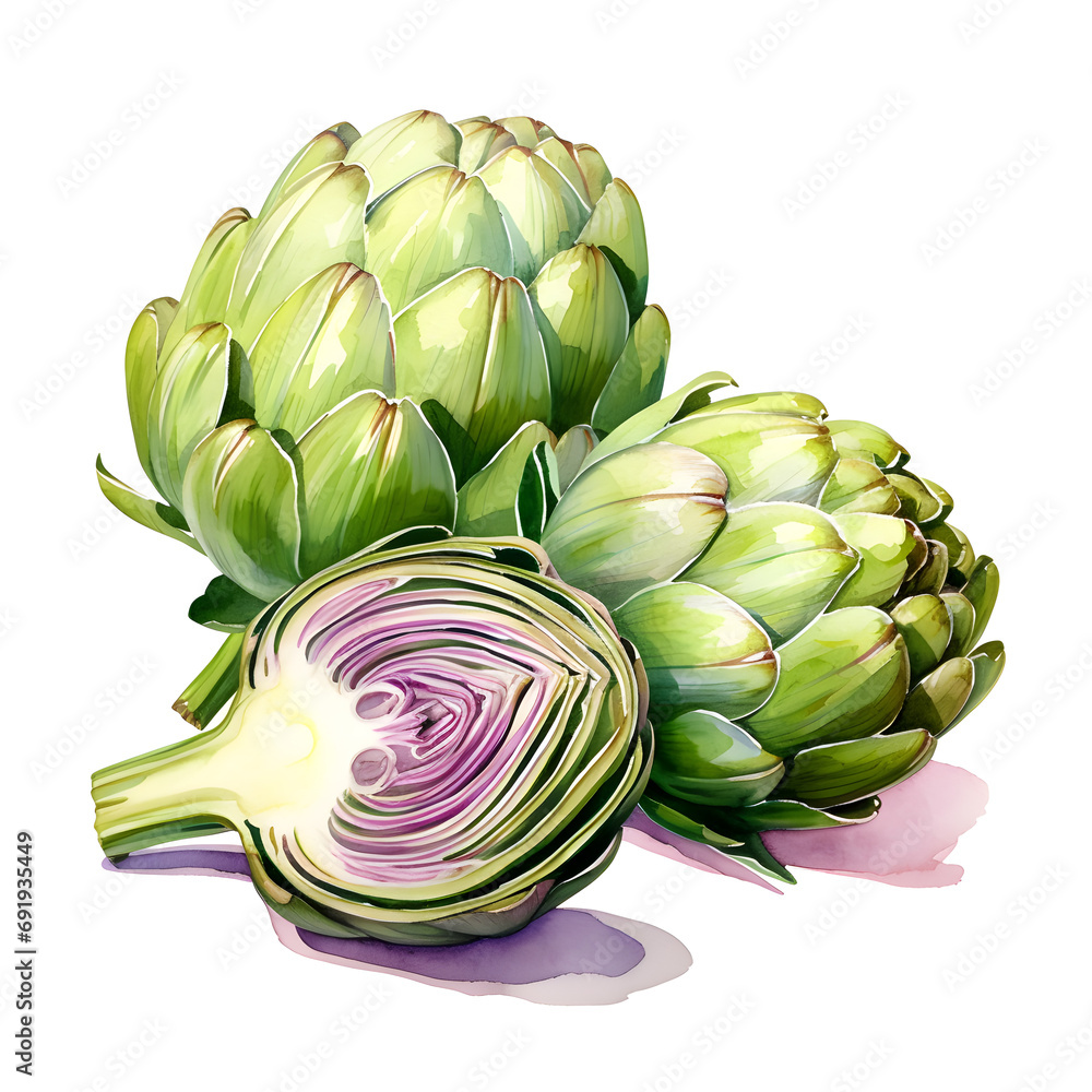 Fototapeta premium Halph artichoke composition, watercolor illustration, violet and green colors, Generative AI