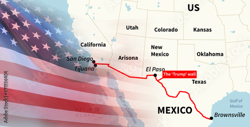 Concept of the migration problem on the US-Mexico border. Background for news. 3d illustration photo
