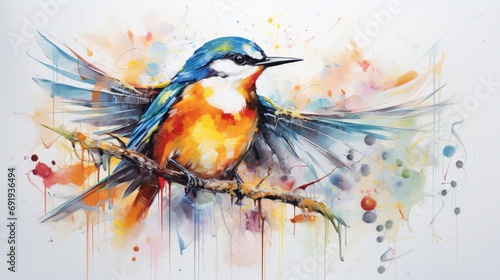  a songbird, its melodious tunes brought to life through vibrant brushstrokes on a white surface, conveying the joyous spirit of avian music.