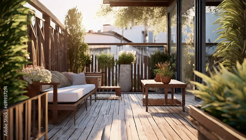 Wooden Deck Flooring, Fencing, Green Potted Plants, and Outdoor Furniture Create a Cozy Relaxing Space at Home. A Stylish and Sunny Balcony Terrace in the City © Tatiana