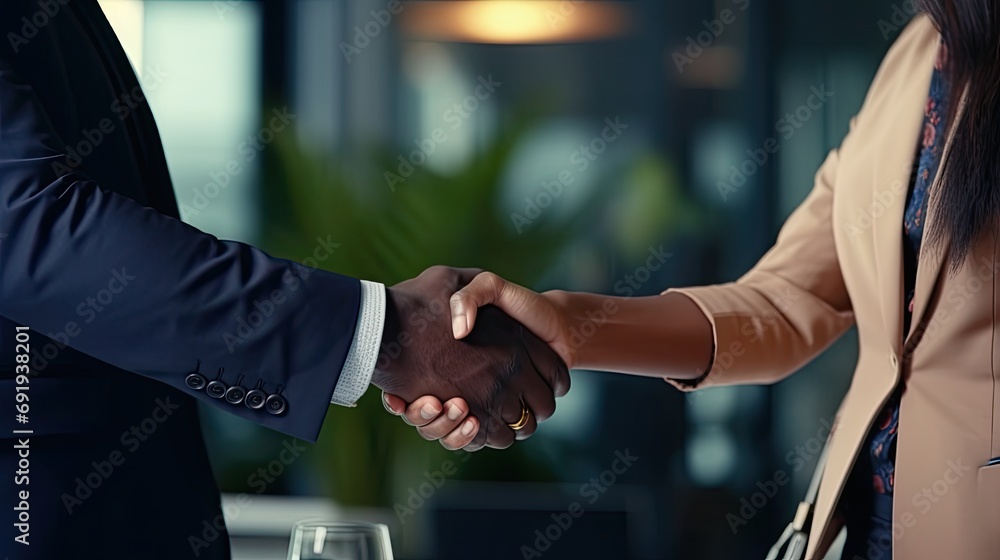 female and male business partners shaking hands