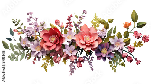 Flowers composition. Wreath made of various colorful flowers on transparent background. Easter, spring, summer concept #691938416