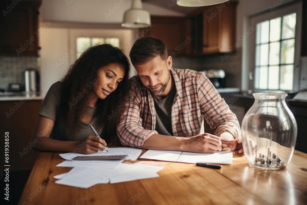 An interracial couple collaboratively planning their budget and managing home finances together in the comfort of their cozy home. - obrazy, fototapety, plakaty 