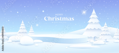 Merry christmas and Happy new year, podium and white christmas tree and snowball, banner design on blue background, Eps 10 vector illustration

