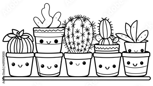 Set of cute and kawaii cactus in a pot colouring page drawing illustration. Coloring activity for kids. Simple cute kid drawing. Contour image of cactus scribble coloring sheet for adults.