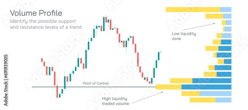 Stock market Investing and trading strategies infographics vector illustration. From beginner to expert level information. Volume profile. high and low liquidity zone. support and  resistance.
