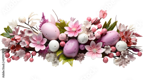 An Easter wreath decorated with Easter eggs and spring blossom flowers isolated on transparent