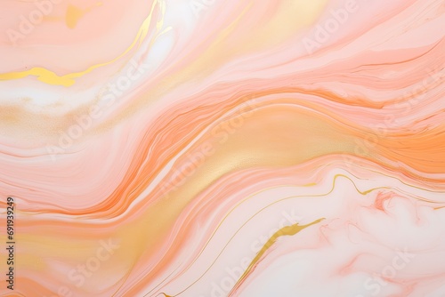 Beautiful Peach fuzz Paint Swirls with Gold Powder. Modern Marbling Background.