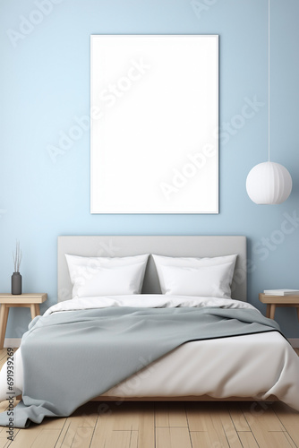 Blank mockup poster on the blue sky bedroom wall of a house with minimalist and contemporary interior design with double bed with cushions and comfortable pale green blanket.