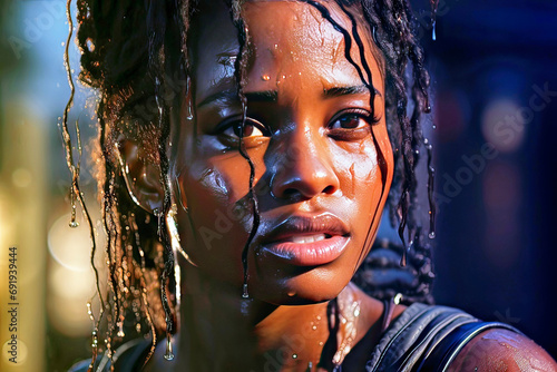 Portrait of a young black woman with wet hair and face, looking desperate photo