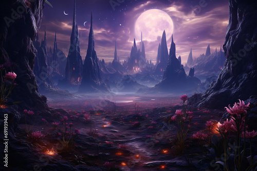 Mysterious Alien Landscape with Purple Sun