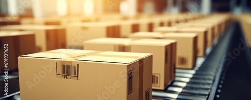 A close-up view of multiple cardboard boxes on a conveyor belt within a warehouse  depicting the logistics and movement of goods.