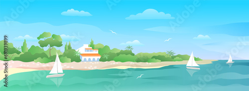 Summer seascape. Bay with cottage, beach and yachts.  Vector color illustration 