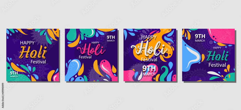 Holi festival social media post Template Collection. for cover, flyer, social media. vector illustration - obrazy, fototapety, plakaty 