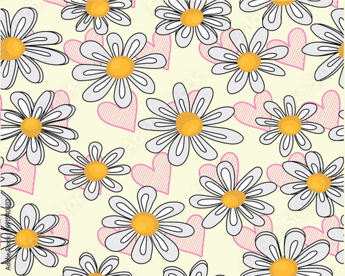 daisies print with pink heart on yellow background