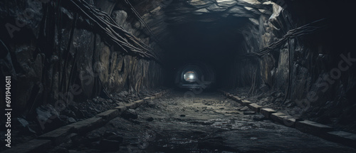 Eerie underground tunnel with abandoned train track. photo
