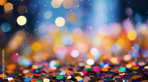 Colorful confetti in front of colorful background with bokeh for carnival