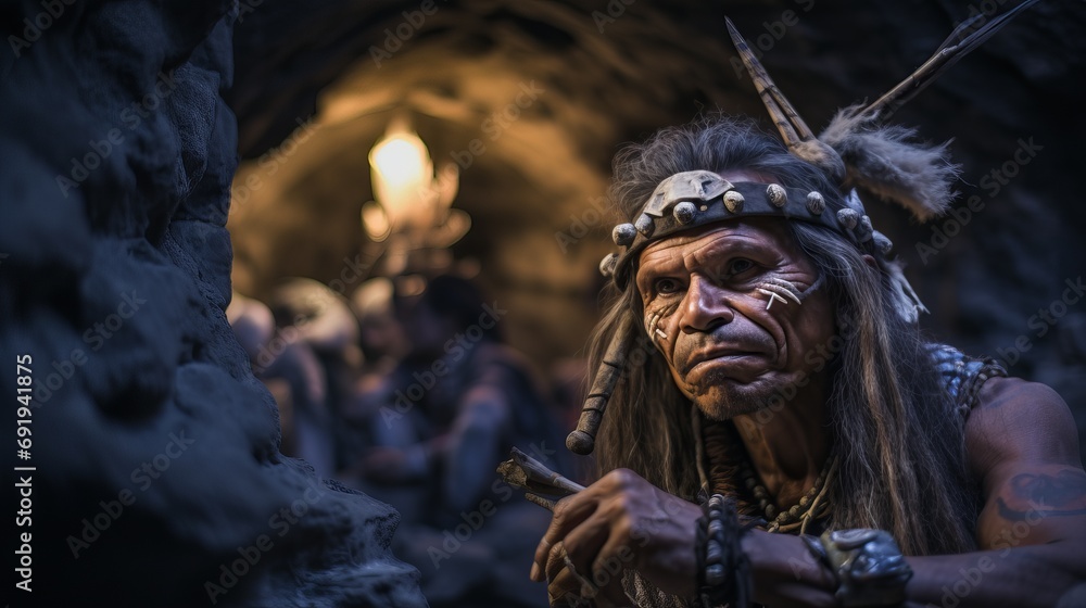 Primitive Caveman in Detailed Attire Inside a Dark Cave Illuminated by Fire, Holding Tools