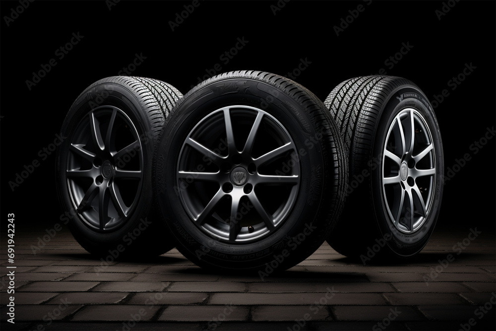 Car tires on a black background. 3d illustration. Elements for design.