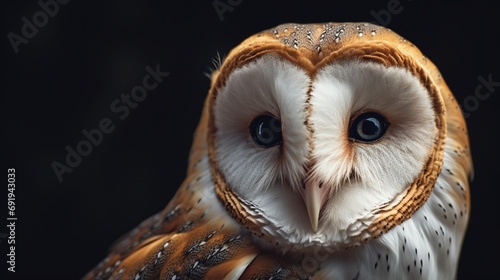 Generate a detailed and captivating close-up image of a common barn owl (Tyto albahead), showcasing its exquisite features and the intensity of its gaze.  photo