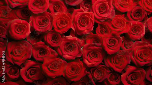 Abundant Red Roses Background Depicting Full Frame of Fresh, Romantic Blooms
