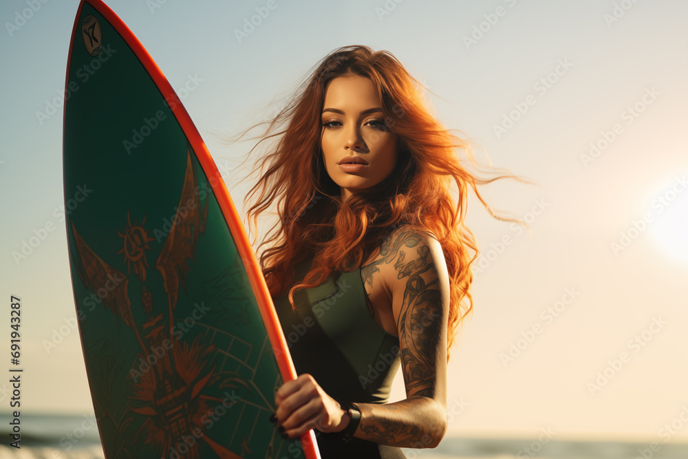 Fototapeta premium Closeup image of a tattooed surfer girl with surfboard staring at the camera on the sandy beach at the sunset time. Female surfer, Water sports. Water summer sport activity. Healthy active lifestyle. 