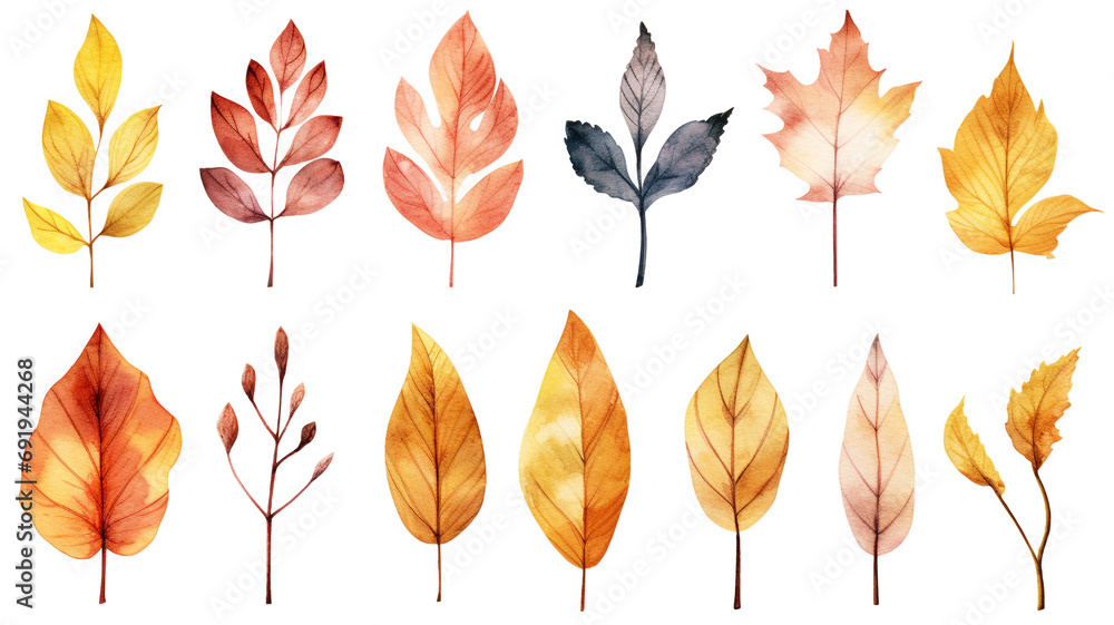 Fototapeta premium set of watercolor autumn leaves isolated on white background