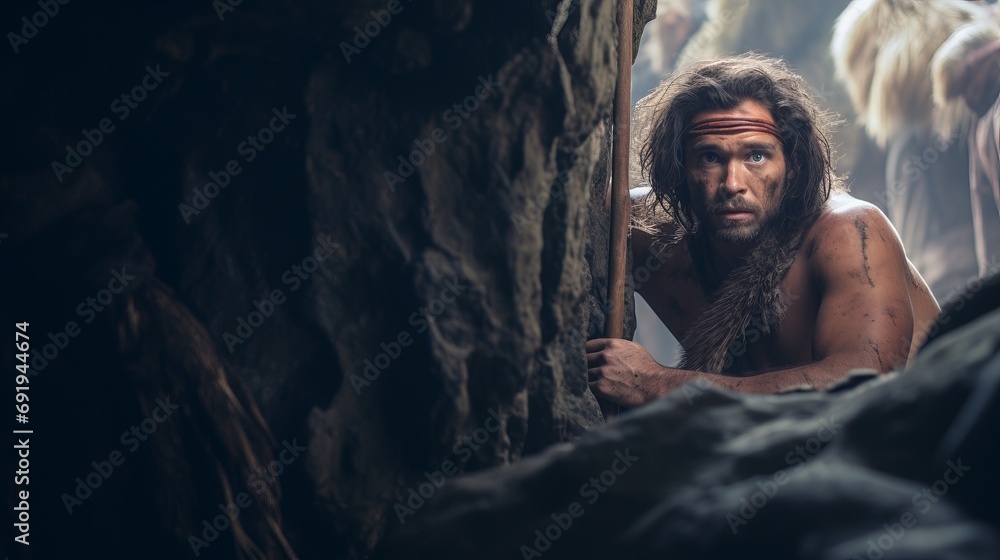 Prehistoric Caveman Holding Primitive Tool in a Cave with Rocks and Stalactites Prehistoric Caveman Holding Primitive Tool in a Cave with Rocks and Stalactites