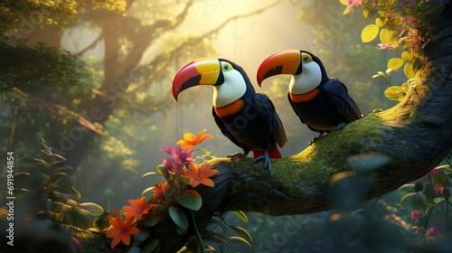 Generate a stunning AI-rendered image of two toucan tropical birds in the midst of a vibrant rainforest jungle.  © Zestify