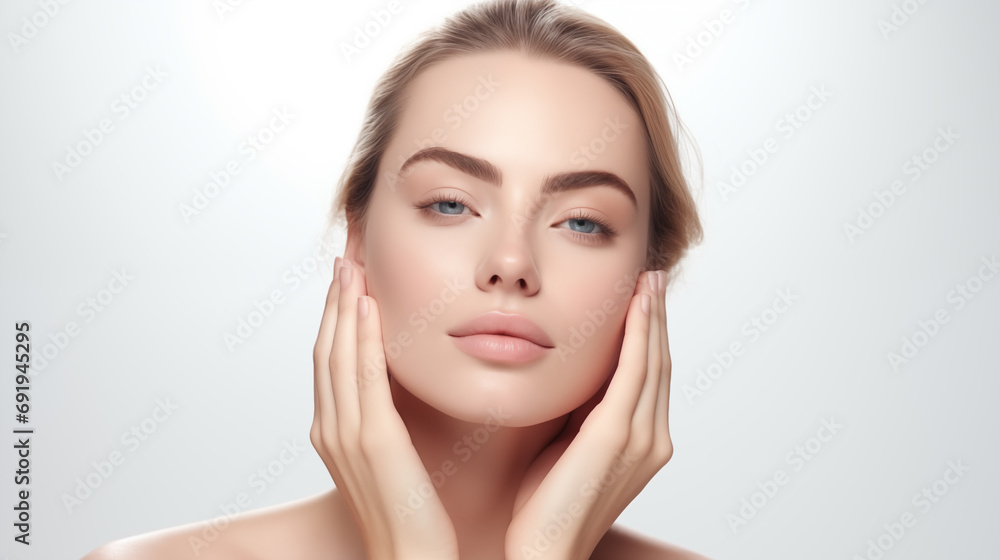 A beautiful woman with flawless and radiant skin is gently touching her face caring for skin.
A beautiful woman with flawless and radiant skin is gently touching her face caring for skin.