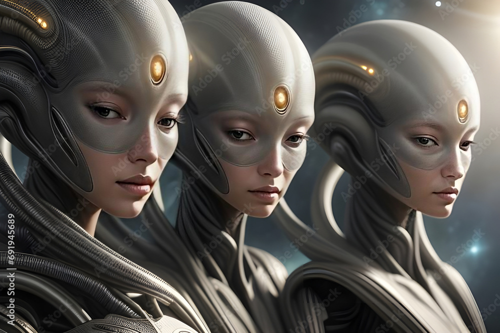 Atmospheric portrait of a group of alien beings from another planet with space background. Generative AI Atmospheric portrait of a group of alien beings from another planet with space background. Generative AI