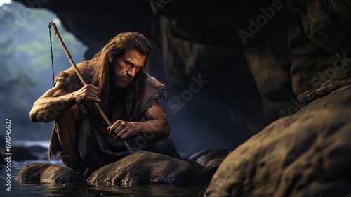 Prehistoric Caveman in Fur Loin Cloth, Sitting on Rocks in a Cave, Holding a Spear, Symbolizing Early Man’s Survival and Hunting in the Stone Age
