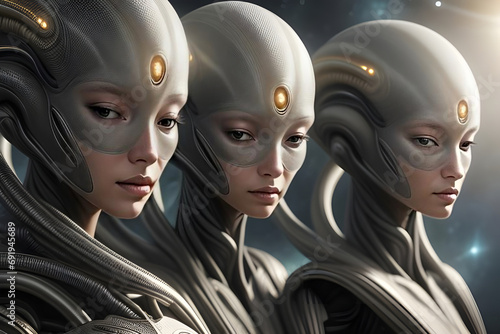 Atmospheric portrait of a group of alien beings from another planet with space background. Generative AI