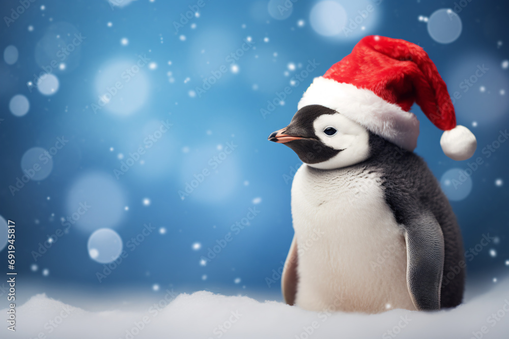Cute penguin wearing santa hat and snow background with copy space, adorable animal celebrating Christmas concept.