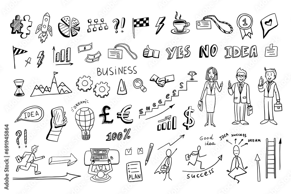 Obraz premium Big set of business elements. Doodle style. Hand drawn vector illustration EPS10. Work, office, success, business man, business woman. Great for banner, posters, cards, stickers, professional design.