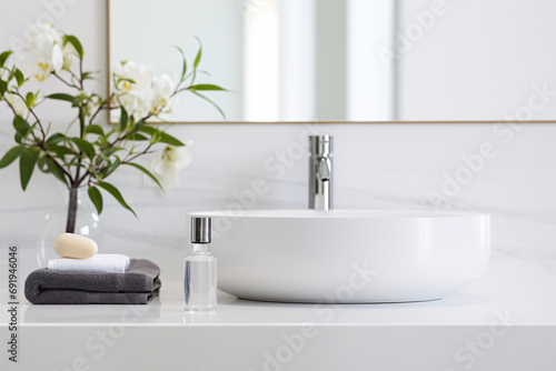 White bathroom interior design, countertop washbasin and faucet on white marble counter in modern luxury minimal washroom.