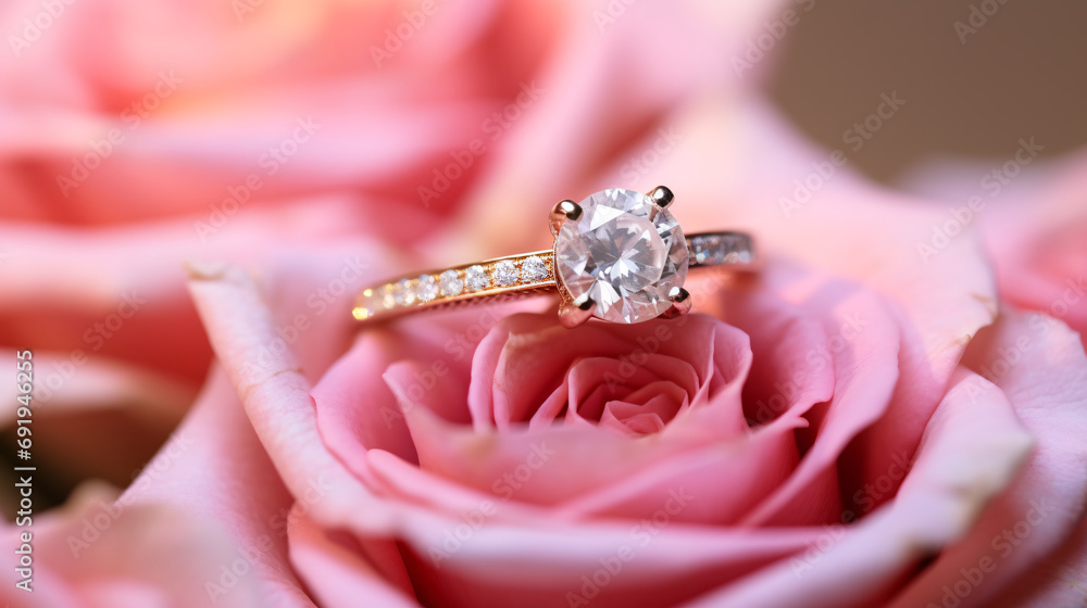 Obraz premium An engagement ring on pink rose bouquet, marriage proposal and wedding anniversary concept, romantic valentine s day background.