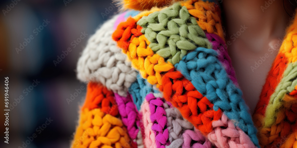Woman in colorful knitted coat.