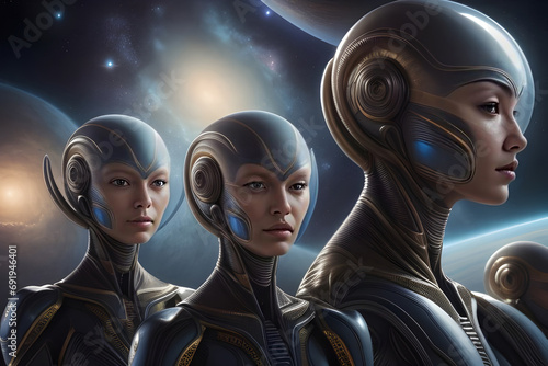 Atmospheric portrait of a group of alien beings from another planet with space background.  Generative AI