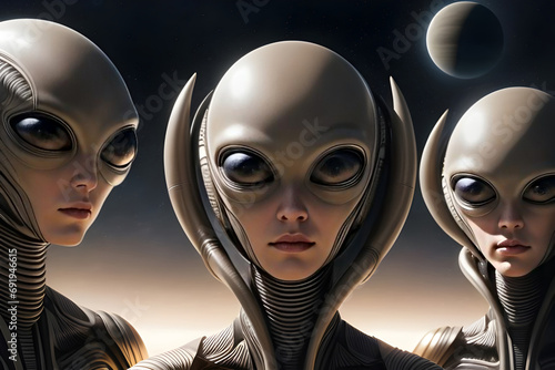 Atmospheric portrait of a group of alien beings from another planet with space background.  Generative AI